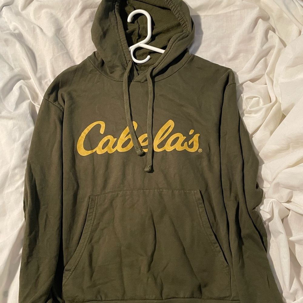 Cabela's Men's  Hoodie with Yellow Logo S CabinCore Hunting Sporty Army Green